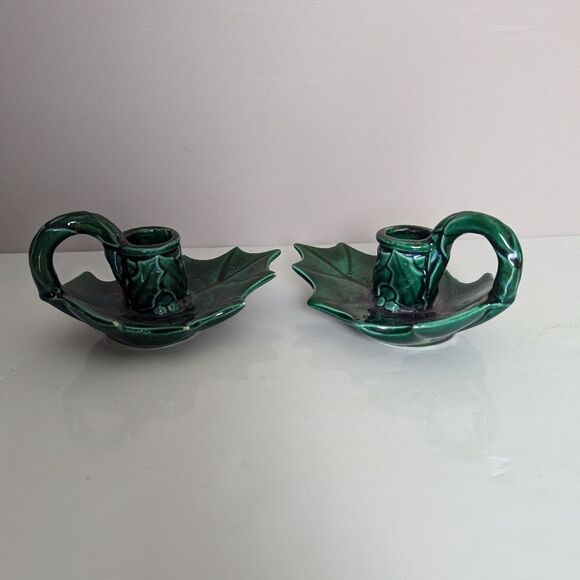 Vintage Christmas Ceramic Candle Holders – Holly Leaf Set of 2 with Finger Loops - Picture 1 of 10